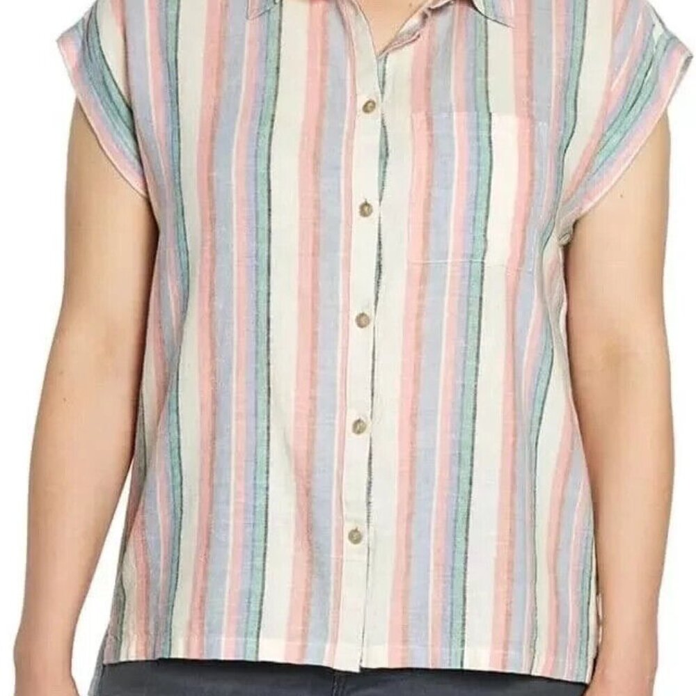 Orvis Women's Plus Size 3X Striped Linen Blend Button Short Sleeve Top NWT - Picture 1 of 5